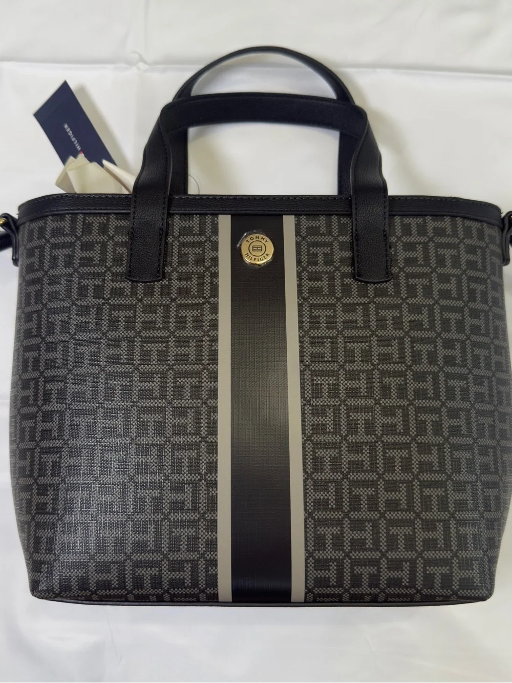 Tommy Hilfiger Black and Gray Monogram Tote with Center Stripe